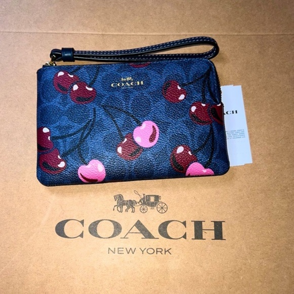 NWT COACH Corner Zip Wristlet Blue Signature Canvas Cherry Print AUTHENTIC